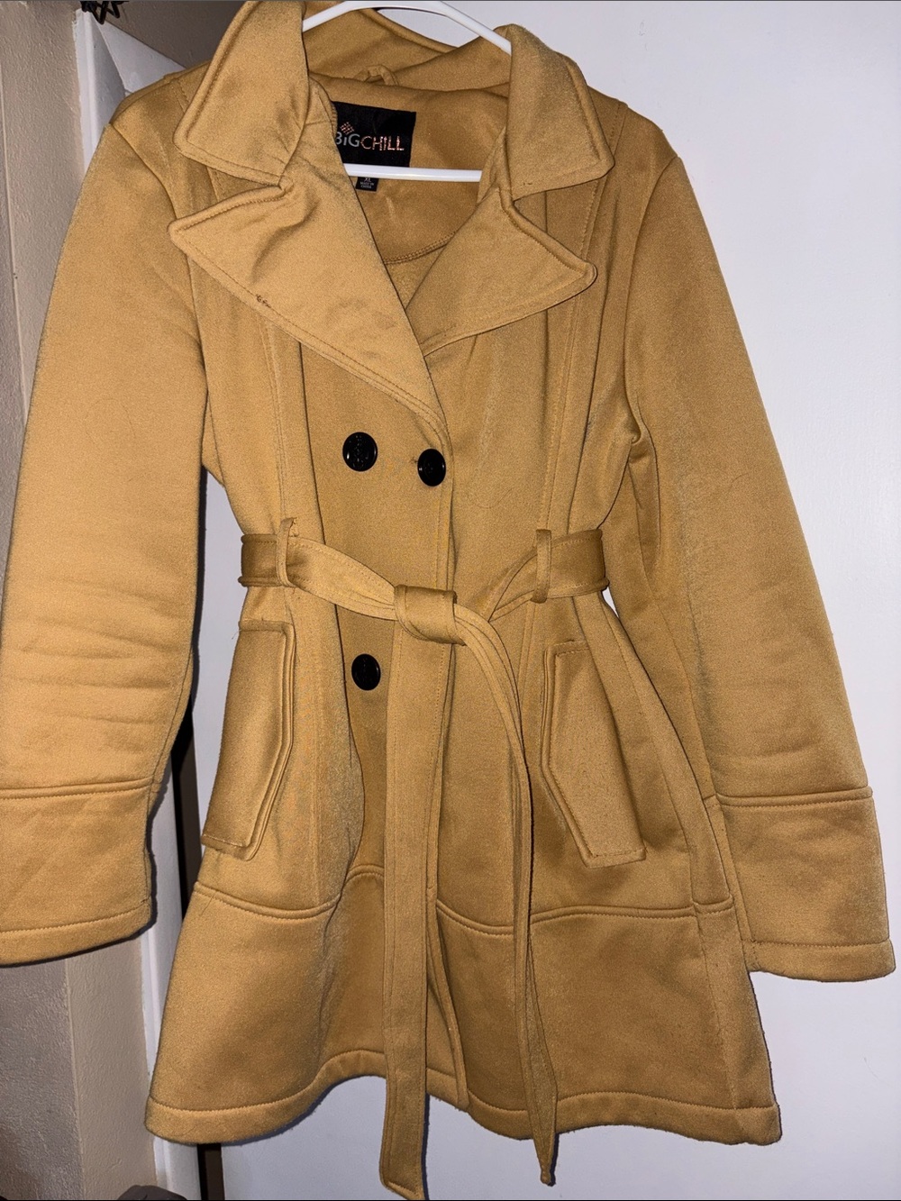 Big Chill Camel Double-Breasted Belted Trench Coat